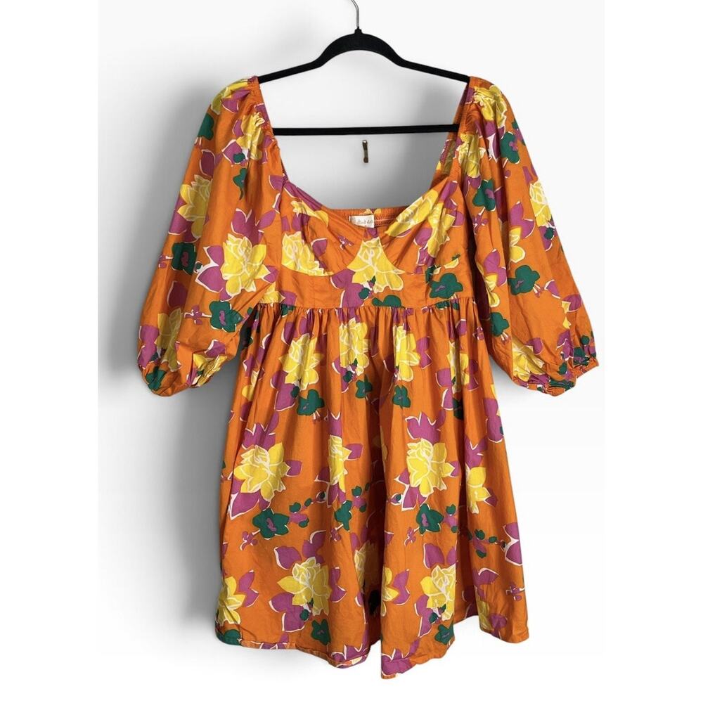 Altar'd State Minister Dress M Puff Sleeve Orange Floral Tropical Boho Pockets - Picture 3 of 16